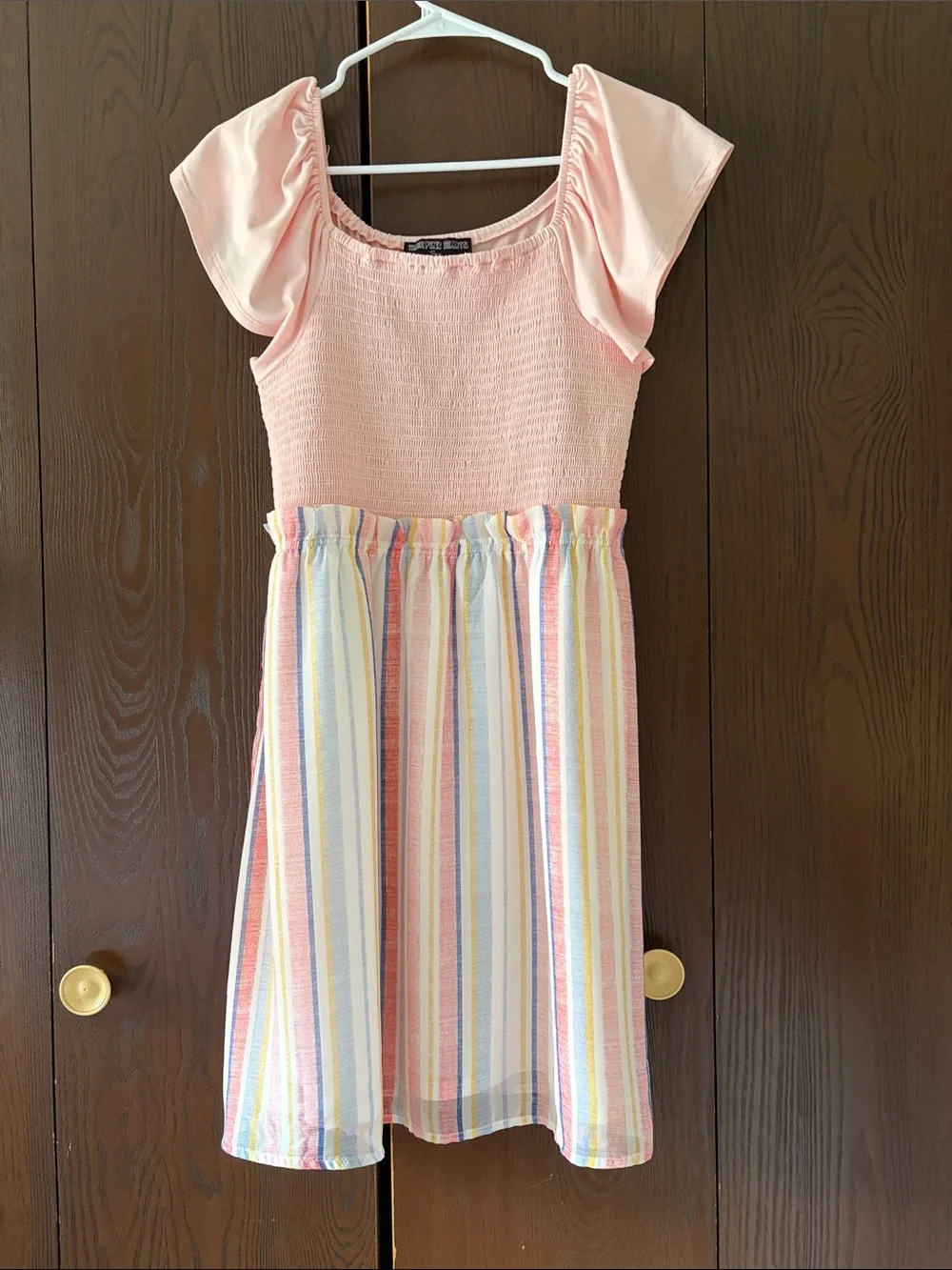 Three Pink Hearts Girl’s Pink Dress with Pastel Multi-Stripe Skirt. Size XXLP